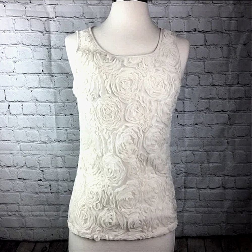 Ann Taylor Rosette Tank Top Scoopneck Ivory Floral